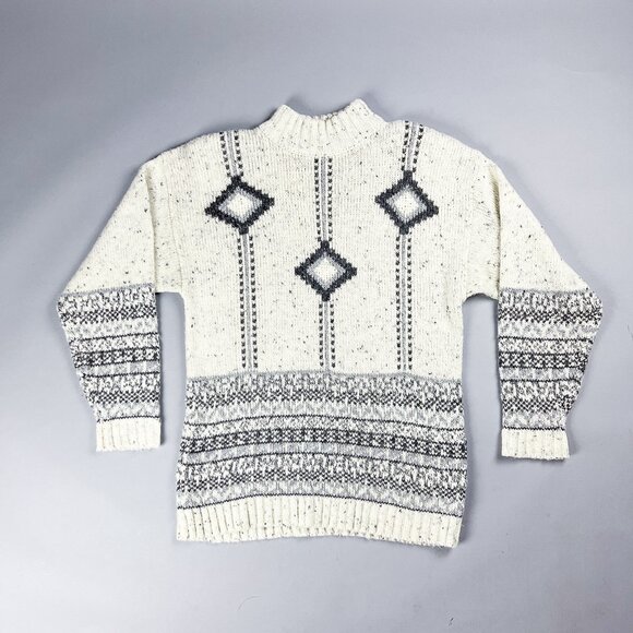 Fair Isle Sweater, Vintage 90's Mock Neck Geometric Knit Women's Pullover Jumper - Picture 2 of 7